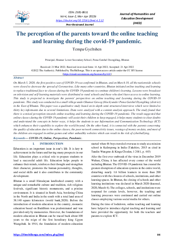 (PDF) The perception of the parents toward the online teaching and ...