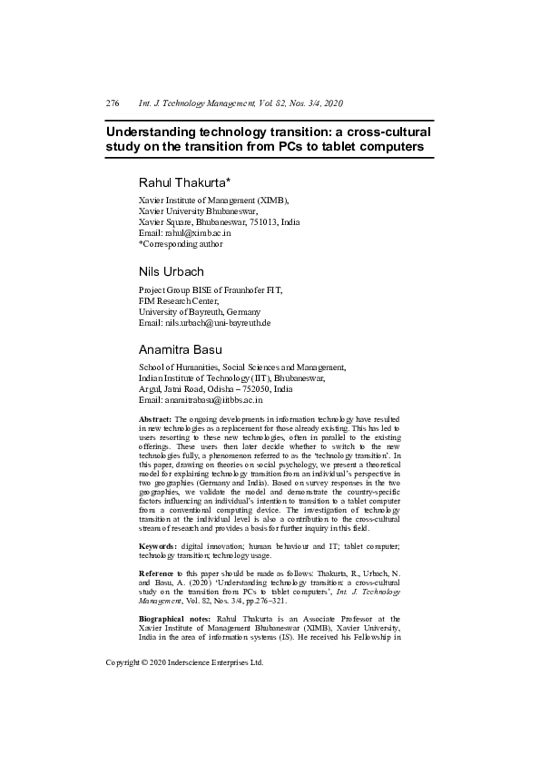 (PDF) Understanding technology transition a crosscultural study on