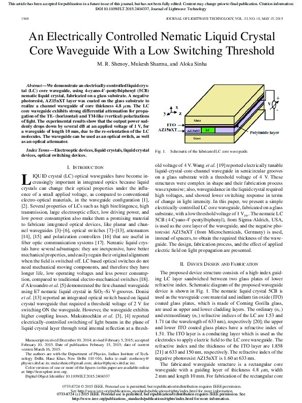 (PDF) An Electrically Controlled Nematic Liquid Crystal Core Waveguide ...