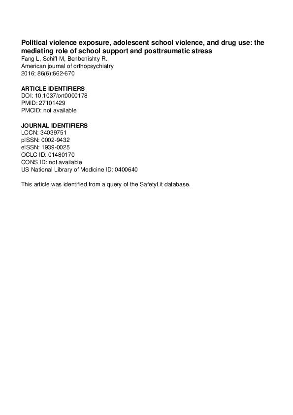 Political Violence Exposure, Adolescent School Violence, and Drug Use: The Mediating Role of School Support and Posttraumatic Stress