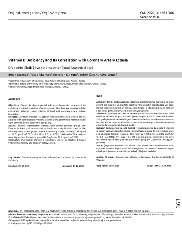 (PDF) Vitamin D Deficiency and Its Correlation with Coronary Artery Ectasia