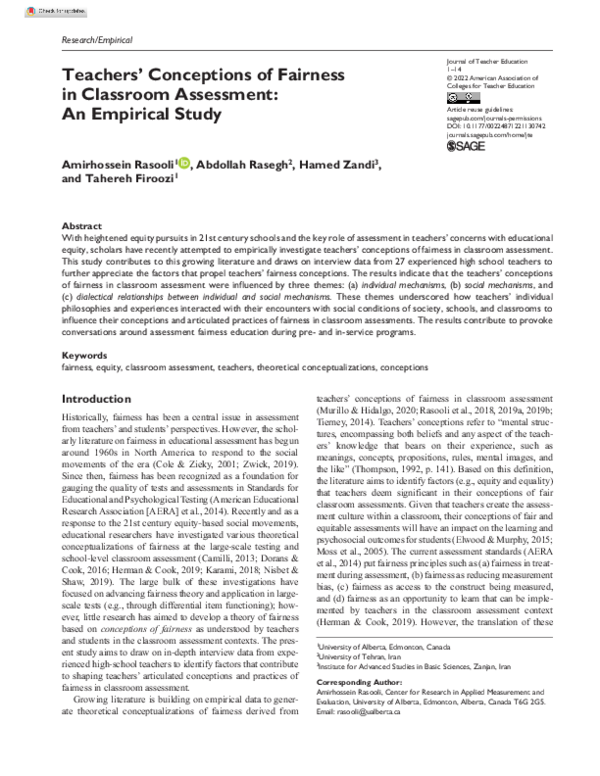 (PDF) Teachers’ Conceptions of Fairness in Classroom Assessment: An ...