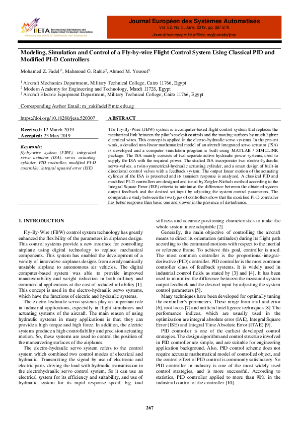 (PDF) Modeling, Simulation and Control of a Fly-by-wire Flight Control ...