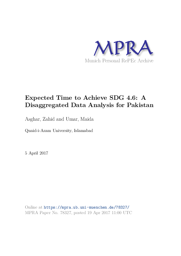 Expected Time to Achieve SDG 4.6: A Disaggregated Data Analysis for Pakistan