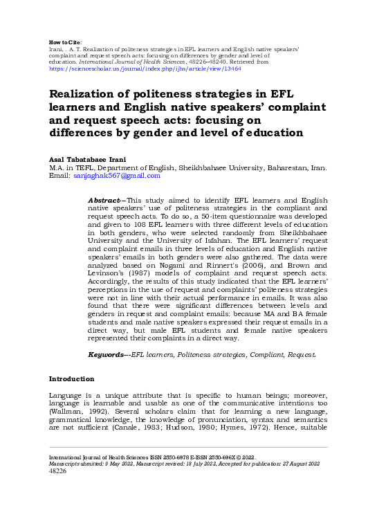 (PDF) Realization of politeness strategies in EFL learners and English ...
