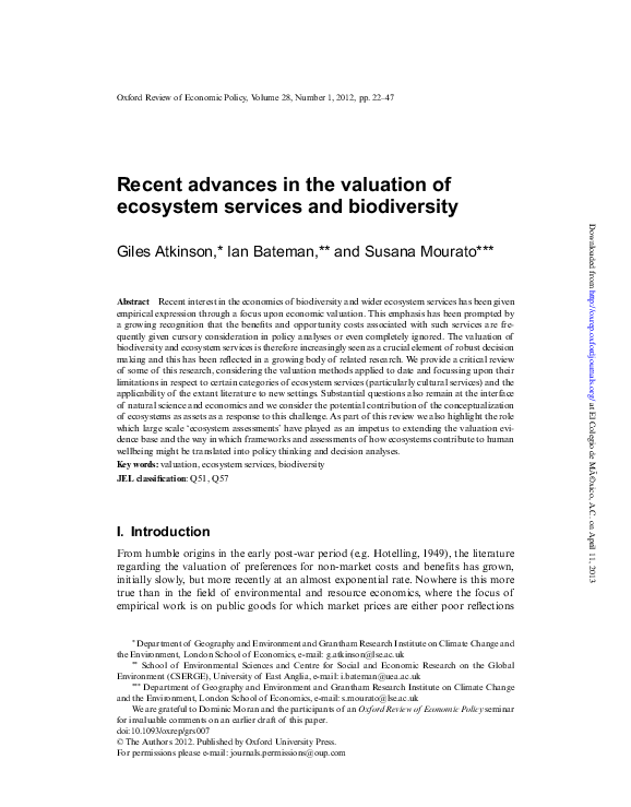 (PDF) Recent advances in the valuation of ecosystem services and ...