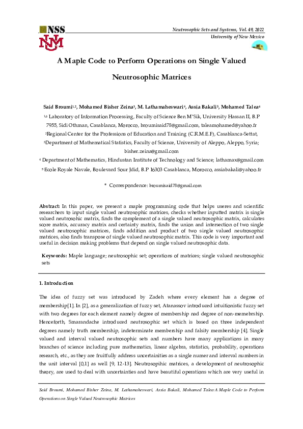 (PDF) A Maple Code to Perform Operations on Single Valued Neutrosophic ...