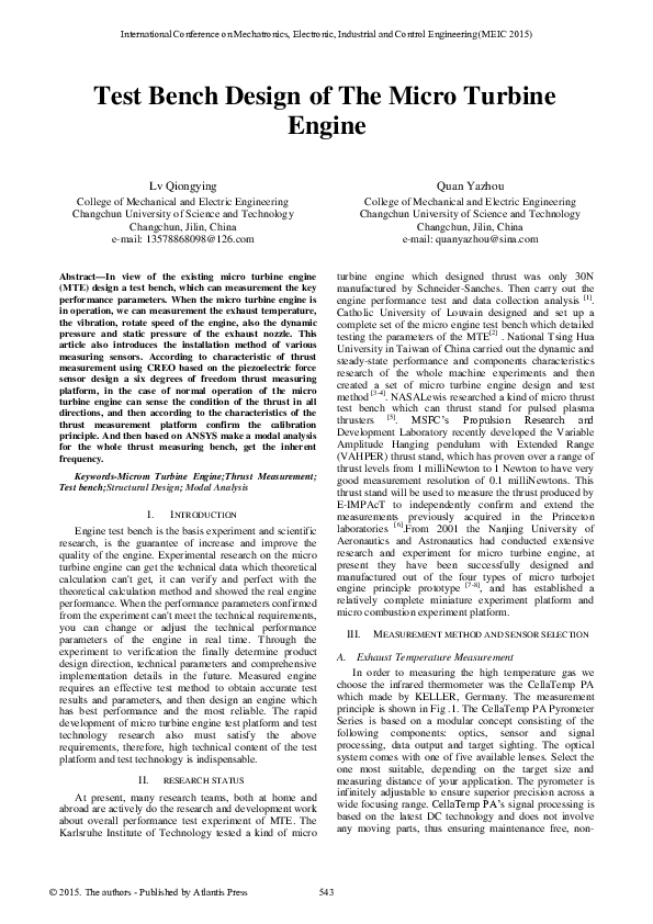 (PDF) Test Bench Design of The Micro Turbine Engine Yazhou Quan