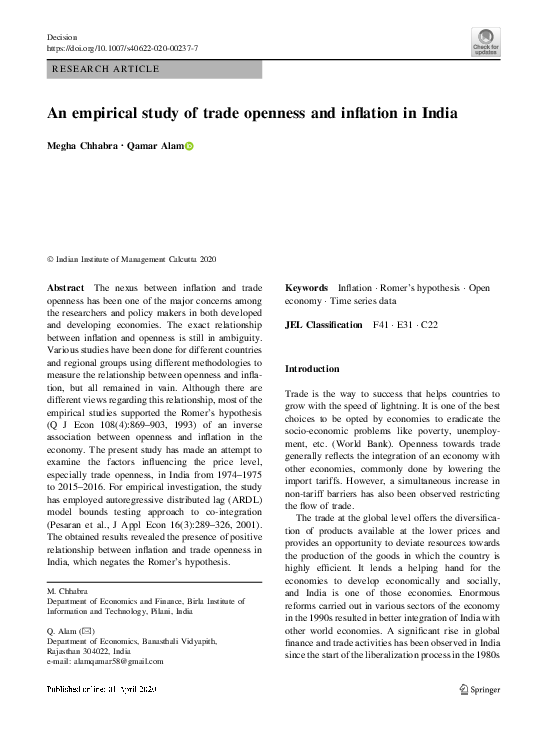 (PDF) An empirical study of trade openness and inflation in India