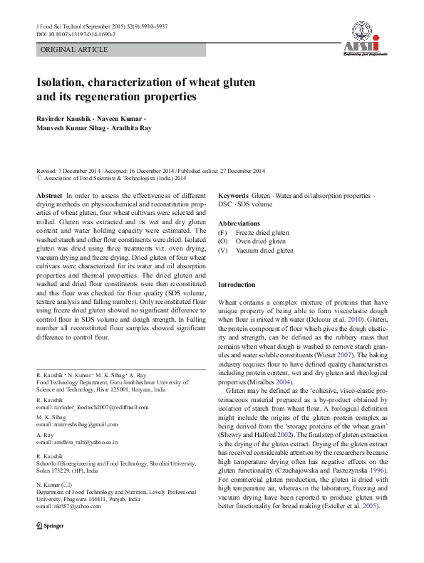 (PDF) Isolation, characterization of wheat gluten and its regeneration ...