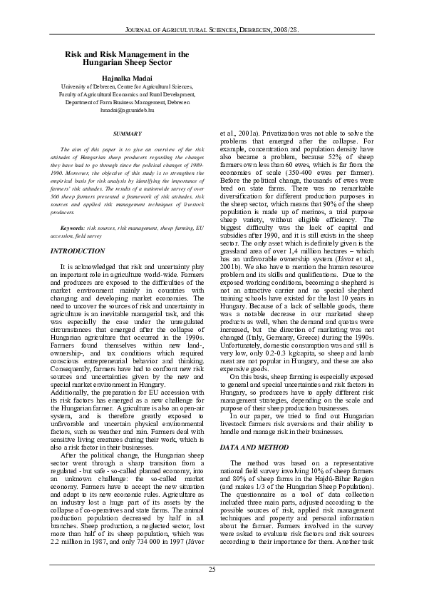 (PDF) Risk and Risk Management in the Hungarian Sheep Sector