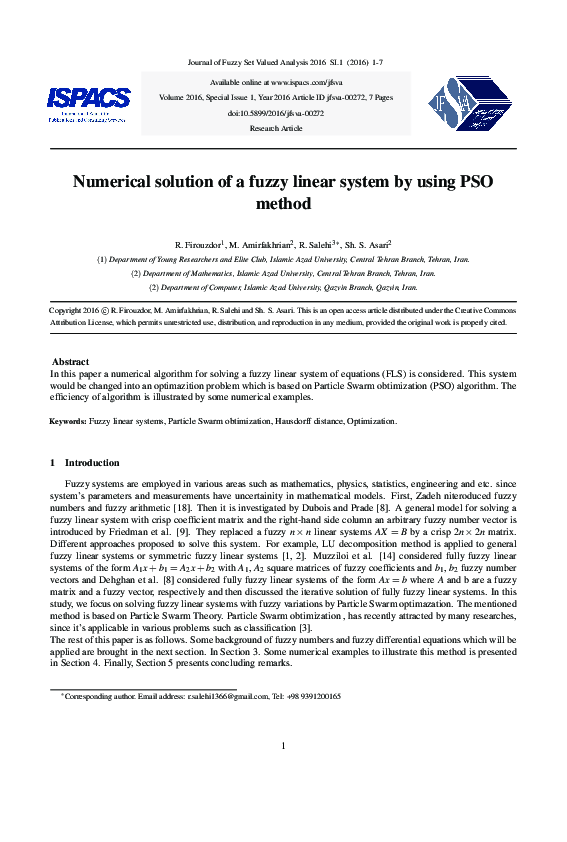 (PDF) Numerical solution of a fuzzy linear system by using PSO method