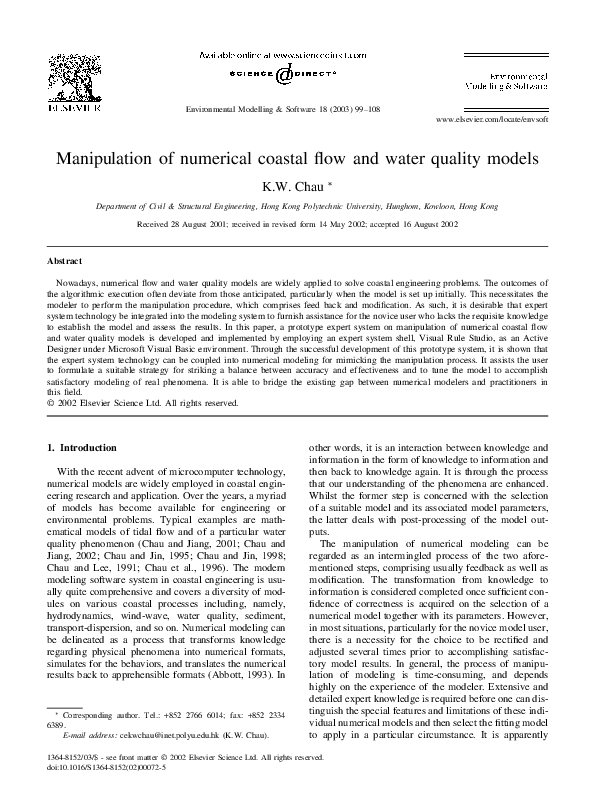 (PDF) Manipulation of numerical coastal flow and water quality models