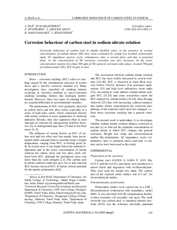 (PDF) Corrosion behaviour of carbon steel in sodium nitrate solution