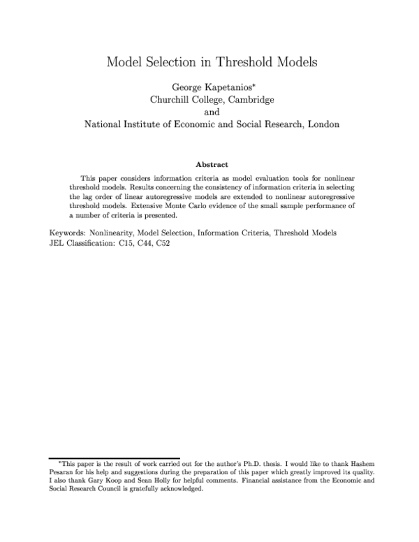 (PDF) Model Selection in Threshold Models