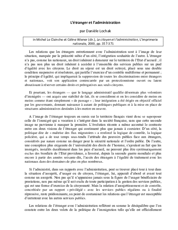 (PDF) L'étranger et l'administration Danièle Lochak Academia.edu