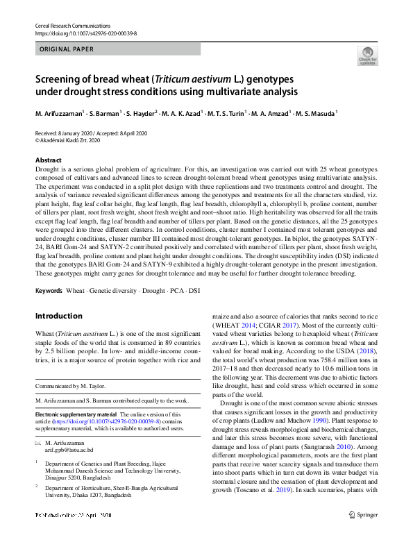 (PDF) Screening of bread wheat (Triticum aestivum L.) genotypes under ...