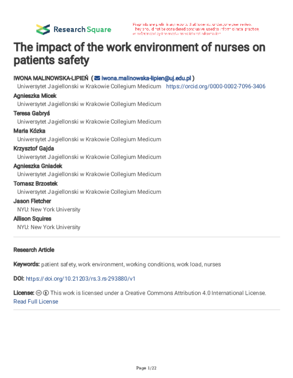 (PDF) The impact of the work environment of nurses on patients safety