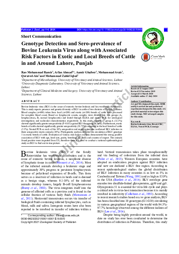 (PDF) Genotype Detection and Sero-prevalence of Bovine Leukemia Virus ... - Leukemia Risk Factors For Small Breed Cats