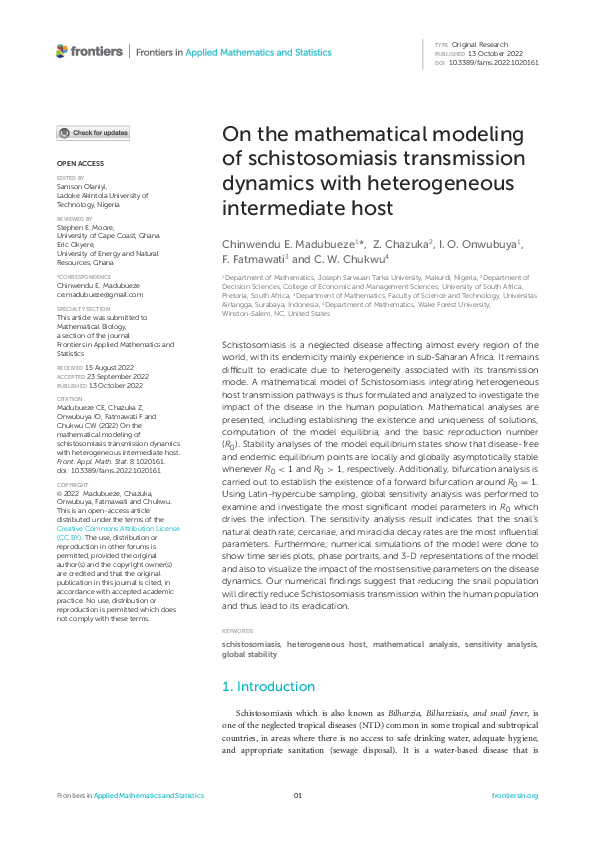 (PDF) On the mathematical modeling of schistosomiasis transmission ...