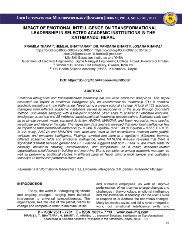 (PDF) IMPACT OF EMOTIONAL INTELLIGENCE ON TRANSFORMATIONAL LEADERSHIP ...