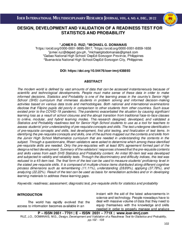 (PDF) DESIGN, DEVELOPMENT AND VALIDATION OF A READINESS TEST FOR ...