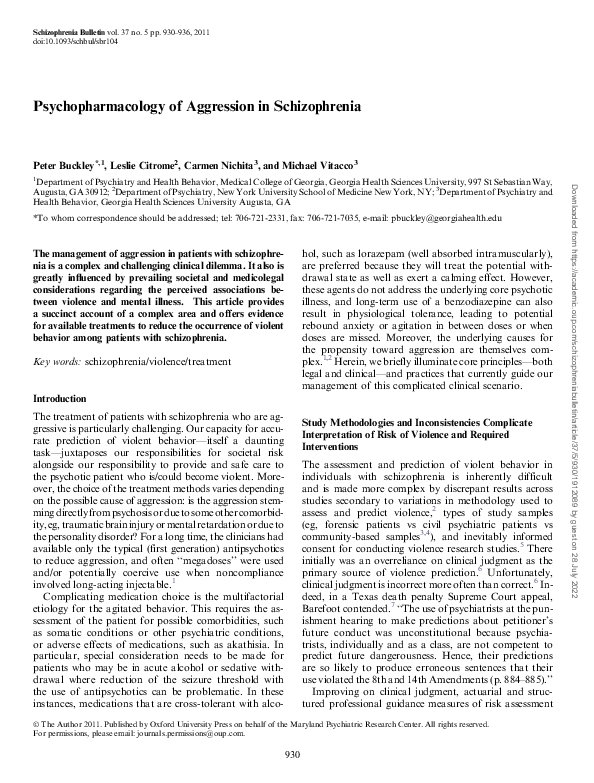 (PDF) Psychopharmacology of Aggression in Schizophrenia