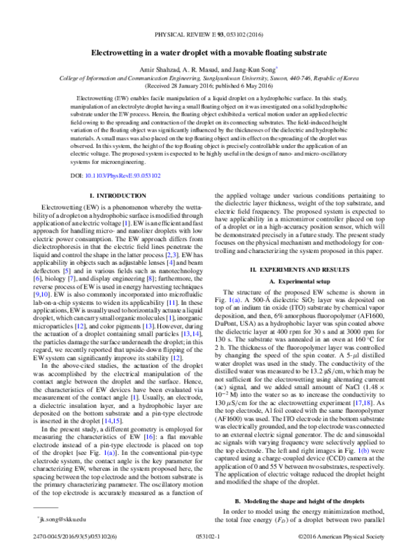 (PDF) Electrowetting in a water droplet with a movable floating substrate