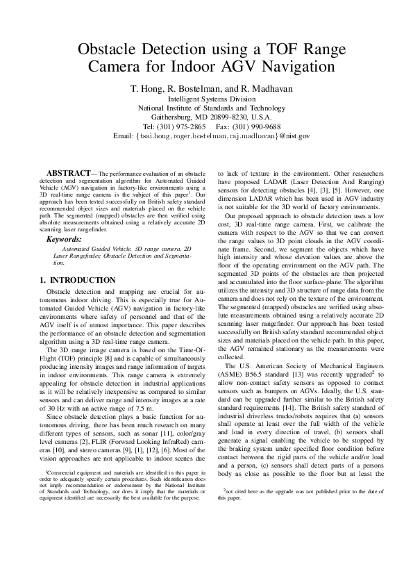 (PDF) Obstacle detection using a tof range camera for indoor agv navigation