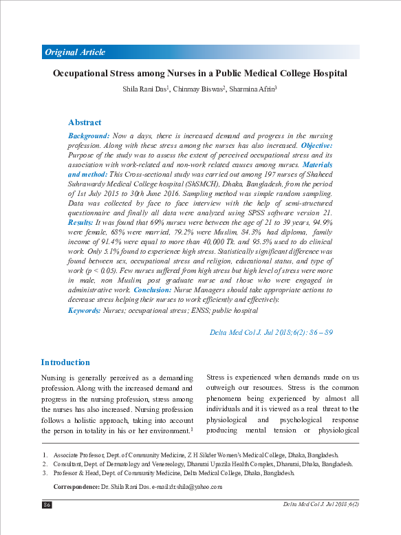 (PDF) Occupational Stress among Nurses in a Public Medical College Hospital