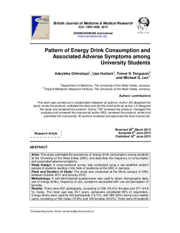(PDF) Pattern of Energy Drink Consumption and Associated Adverse ...