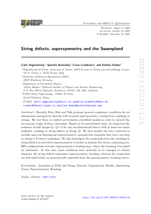 (PDF) String defects, supersymmetry and the Swampland