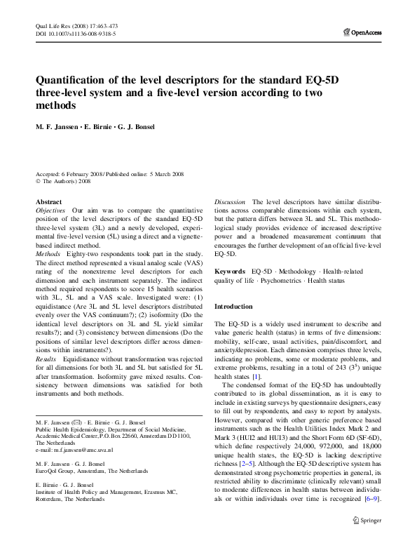 (PDF) Quantification of the level descriptors for the standard EQ-5D ...