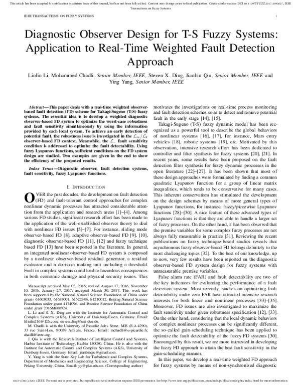 (PDF) Diagnostic Observer Design for T–S Fuzzy Systems: Application to ...