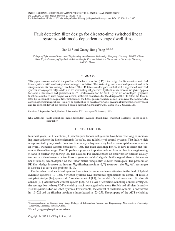 (PDF) fault detection filter design for discrete-time Takagi–Sugeno ...