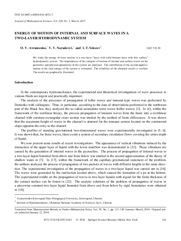 (PDF) Energy of Motion of Internal and Surface Waves in a Two-Layer ...