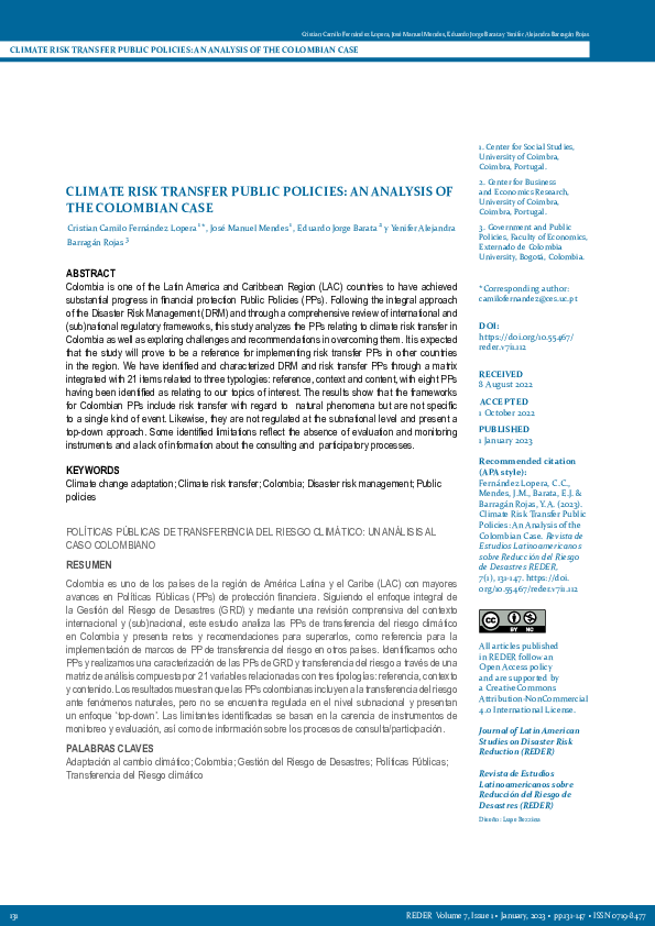 (PDF) Climate Risk Transfer Public Policies: An Analysis of the ...