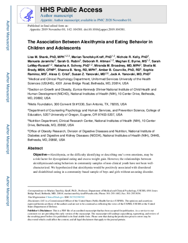 (PDF) The association between alexithymia and eating behavior in ...