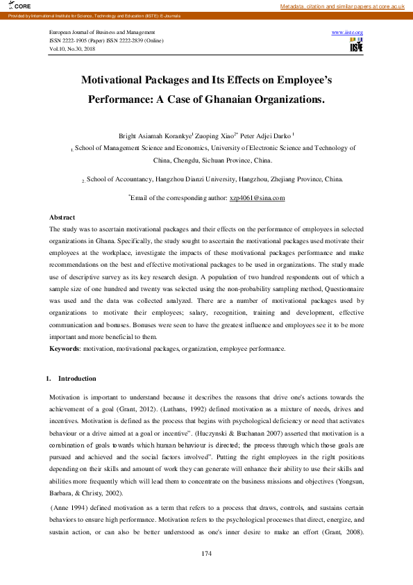 (PDF) Motivational Packages and Its Effects on Employee’s Performance ...