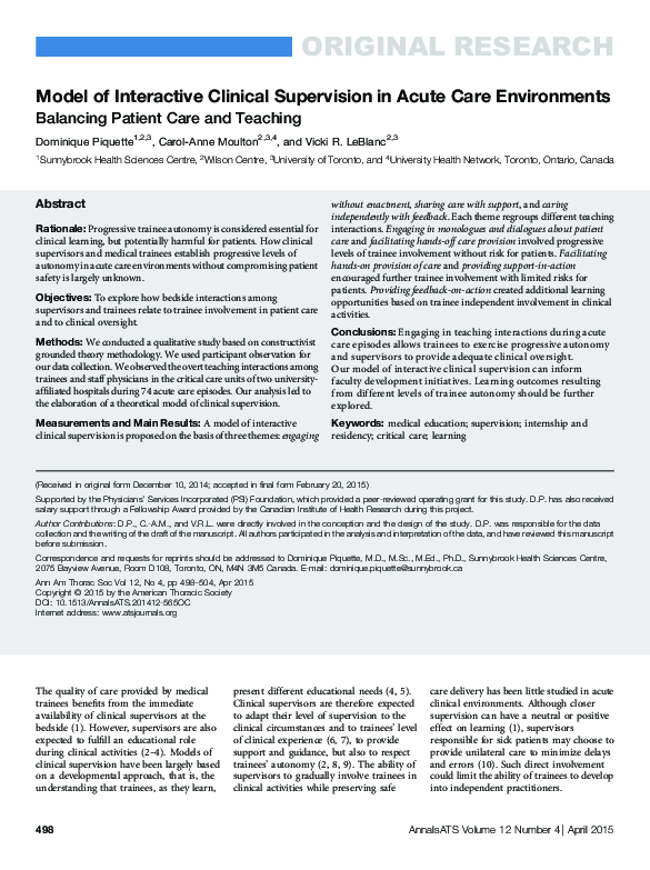 (PDF) Model of Interactive Clinical Supervision in Acute Care ...
