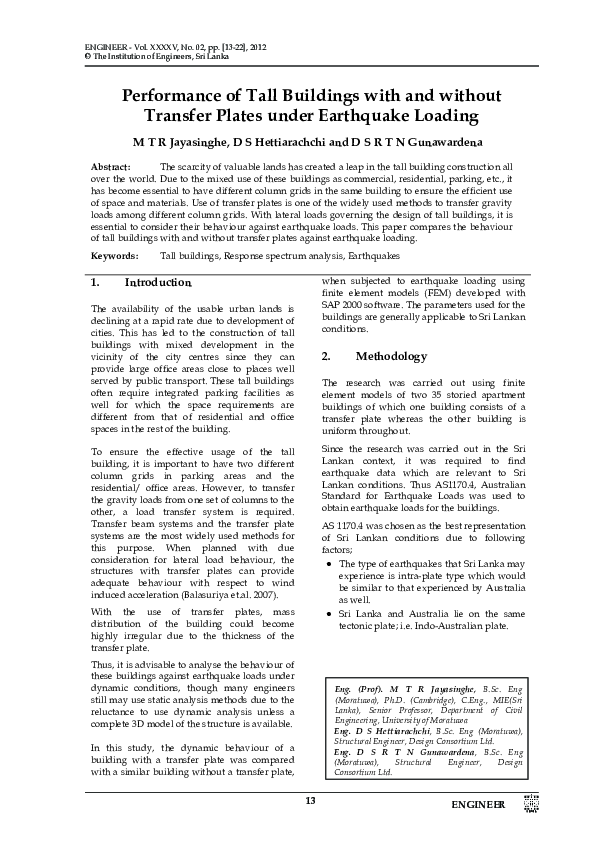 (PDF) Performance of Tall Buildings with and without Transfer Plates ...