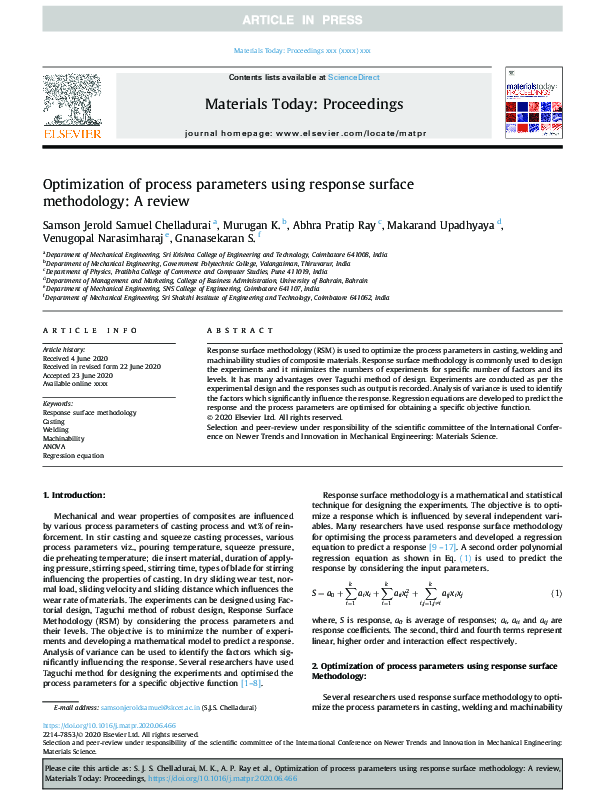 (PDF) Optimization of process parameters using a Response Surface ...
