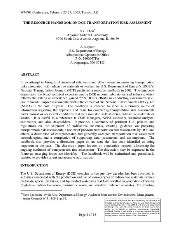(PDF) The Resource Handbook on DOE Transportation Risk Assessment