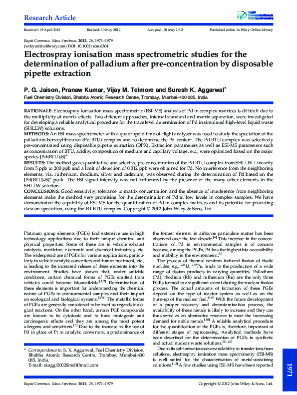 (PDF) Electrospray ionisation mass spectrometric studies for the ...