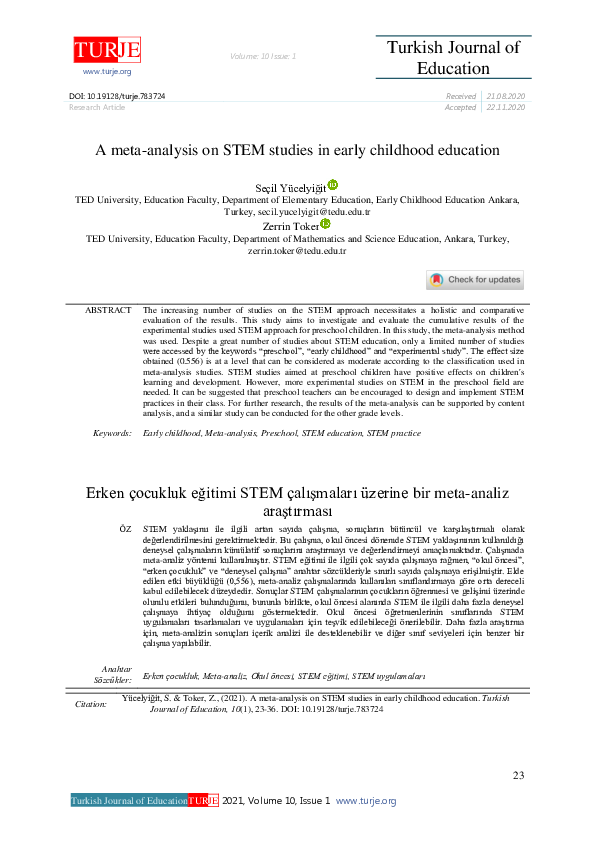 (PDF) A meta-analysis on STEM studies in early childhood education