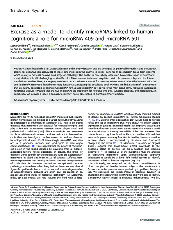 (PDF) Exercise as a model to identify microRNAs linked to human ...