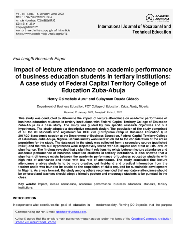 (PDF) Impact of lecture attendance on academic performance of business ...
