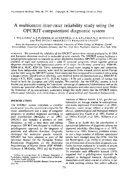 (PDF) A multicentre inter-rater reliability study using the OPCRIT ...