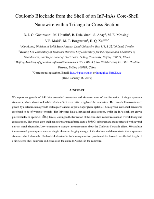 (PDF) Coulomb blockade from the shell of an InP-InAs core-shell ...