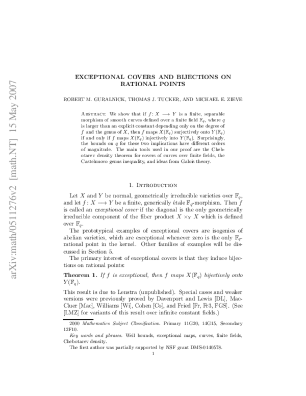 (PDF) Exceptional covers and bijections of rational points | Robert ...